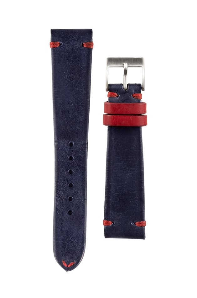 Italian Leather Strap 20mm Blue w/ Red Stitch