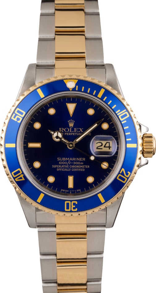 Pre Owned Rolex Two Tone Submariner 16803 Blue Dial