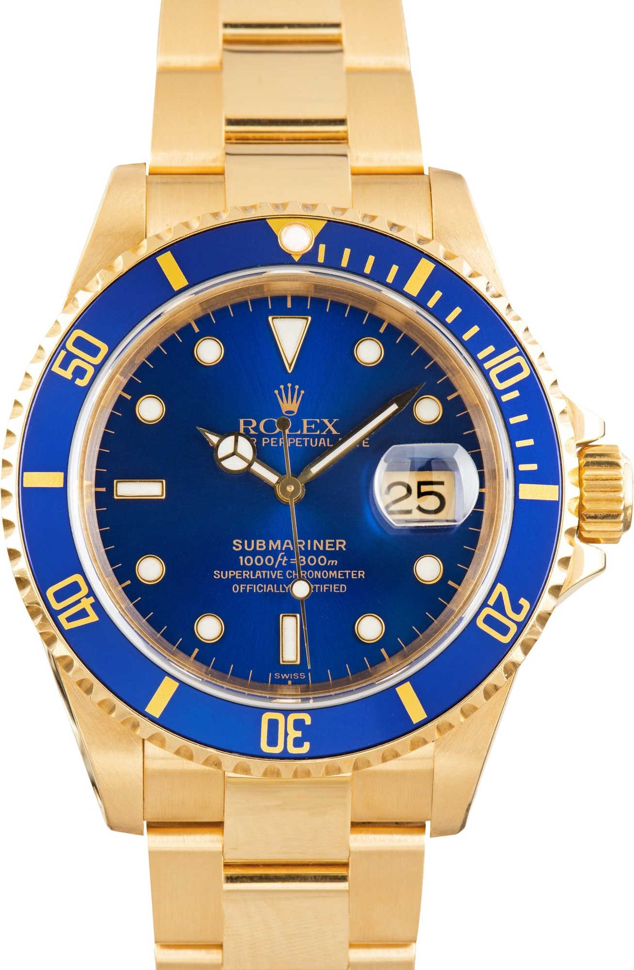 Pre-owned Yellow Gold Rolex Submariner ref 16618 Blue Dial