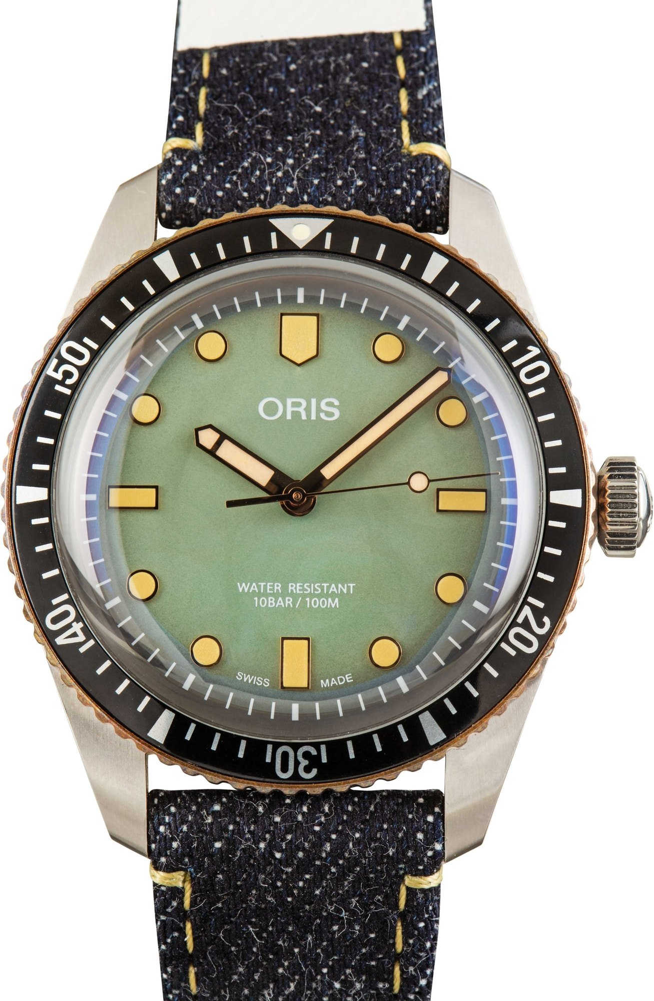 Oris x Momotaro Divers Steel on Denim Strap
