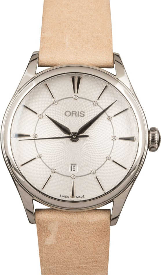 Ladies Oris Artelier Date Silver Diamond Dial & Leather Strap